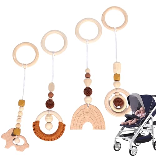 4 Stück Hängespielzeug für Baby-Fitnessstudio, hölzernes Baby-Hängespielzeug, Kinderspielzeug, Kinderbett, Hängendes Holzrasselspielzeug, Bett-Hängeanhänger für Kinderwagen, Kinderbett, Bett von Pesoncarl