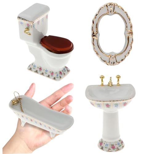 4PCS/Set Dollhouse Möbelset, 1/12 Porzellan Dollhouse Badezimmerset, einschließlich Puppenhaus Toilette, Badewanne, Spülen und Spiegelrealistischer Miniaturmöbel DIY Dollhouse Accessoires von Pesoncarl