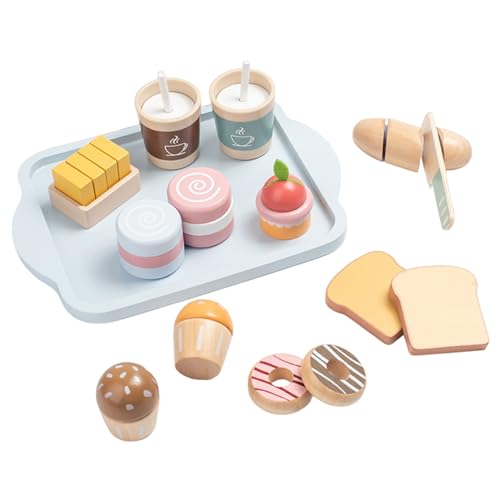 Pesoncarl 1 Set Spielen Essen, Frühstück Holz Spielen Essen mit Toast, Kaffee, Donuts und mehr Lebensmittelkochspielzeug Rollenspiel Spielzeuggeschenk für Kinder im Alter von 3+ von Pesoncarl