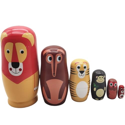 Pesoncarl 6pcs/Set nisting dugen, Tiermuster Matryoshka Puppe Holzmatrioshka Russische Nistpuppen Stapelspielzeug für Kinder, Heimdekoration, Geschenke für Kinder von Pesoncarl