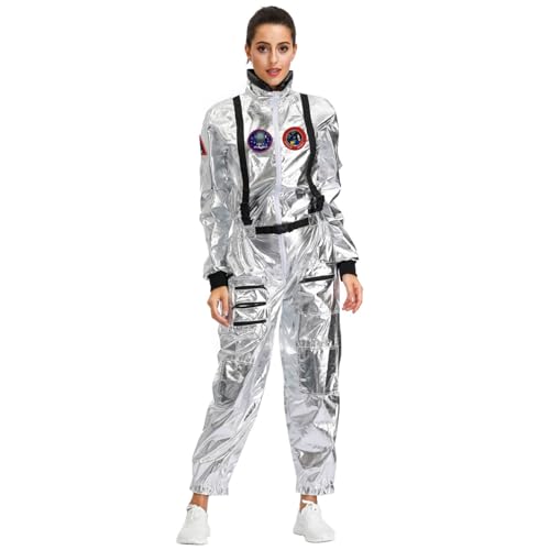 Pesoncarl Astronauten Kostüm Erwachsene, weiches Polyester Raumkostüm, Mode Silber Space Anzug, kreative Außerirdische Kostüme für Frauen mit Kostüm Cosplay, L. von Pesoncarl