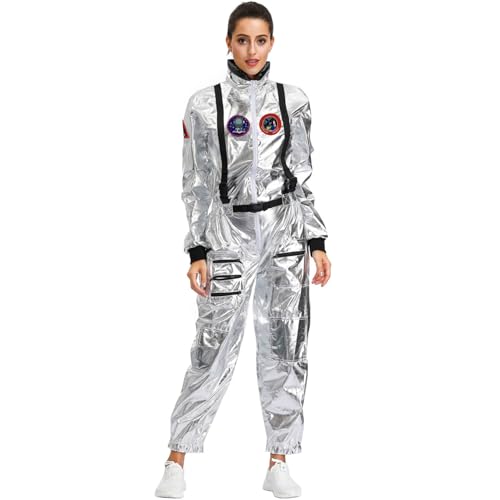 Pesoncarl Astronauten Kostüm Erwachsene, weiches Polyester Raumkostüm, Mode Silber Space Anzug, kreative Außerirdische Kostüme für Frauen mit Kostüm Cosplay, M. von Pesoncarl