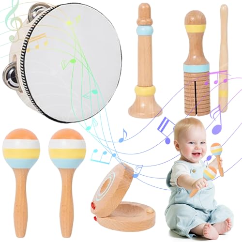 Pesoncarl Baby Musikinstrumente 6PCs/Set Educational Hölzer Kleinkind -Musikinstrumente umfassen Tamburin, Sandhammer, Castanets und mehr, Musikspielzeug für Zuhause, Vorschule, Babygeschenke von Pesoncarl