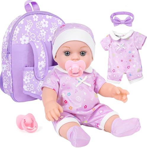 Pesoncarl Babypuppen mit Blumenrucksackträgern, 12 Zoll realistische Babys Puppen mit tragbaren Kleidung und Accessoires für Kinder Girls Geschenke von Pesoncarl