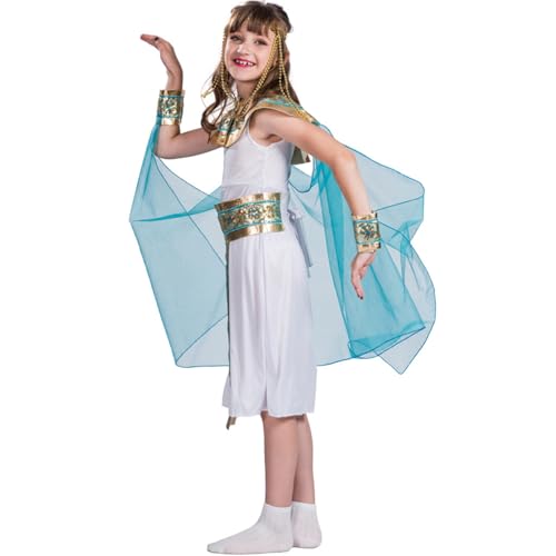 Pesoncarl Cleopatra Kostüm, weiches polyesterägyptisches Kostüm, Elegante ägyptische Kostümkinder, goldene Mädchen Cosplay Kostüme mit Accessoires für Partykostümball, m von Pesoncarl