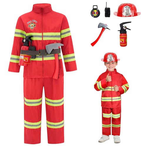 Pesoncarl Feuerwehrleute Kostüm für Kinder, Karneval Kleinkind Feuerwehr Kostüm mit Sicherheitshelmhut und Feuerlöscher, Bildungsfeindlichkeit Kostüm für Junge Mädchen, s von Pesoncarl