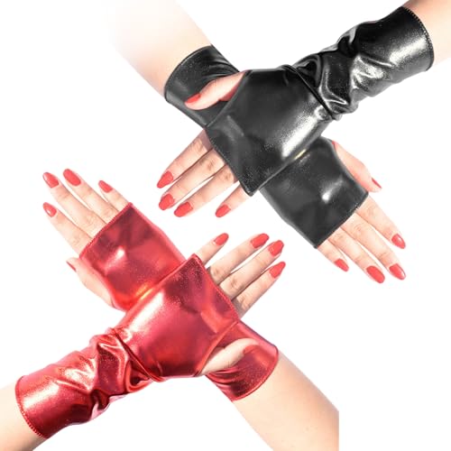 Pesoncarl Fingerlose Lederhandschuhe, 2 Paar Goth Punk Armerwärmer, 9,1 x 3,5 Zoll Fingerless Armer Wärmer, Lederfinger -Handschuhe Frauen für Cosplay Carnival Party, Black + Rot von Pesoncarl