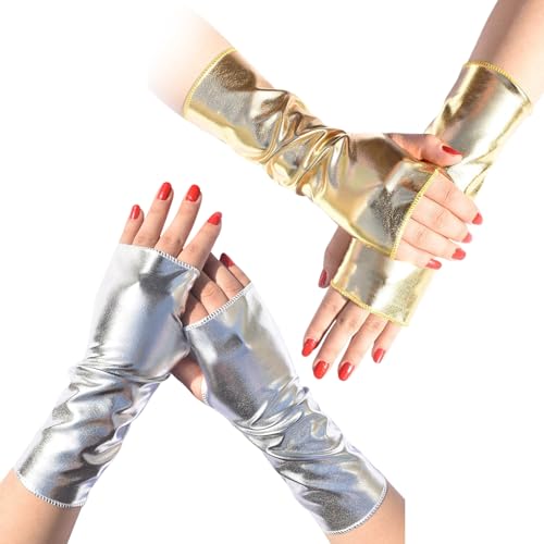 Pesoncarl Fingerlose Lederhandschuhe, 2 Paare Goth Punk Arm Warders, 9,1 x 3,5 Zoll Armwärmer, Lederfingerless -Handschuhe Frauen für Cosplay -Karnevalsparty, Silber + Gold von Pesoncarl