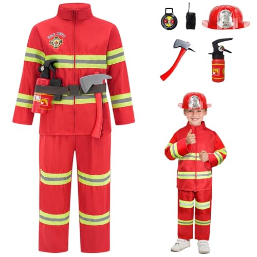 Pesoncarl Fireman Kostüm für Junge, Feuerwehrkostüm für Kinder, Karneval Kleinkind Feuerwehr Kostüm mit Sicherheitshelmhut & Feuerlöscher, Bildungsfeuerwehrkostüm für Junge Mädchen, xs von Pesoncarl