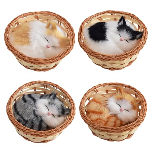 Pesoncarl Gefälschte Katze, 4PCS Mini Katzenspielzeug für Kinder, schlafende Katze im Korbkatze Nickerchen mit Miows Sounds für Büroschreibtisch Handspielzeuggeschenk für Kinder Junge Mädchen von Pesoncarl