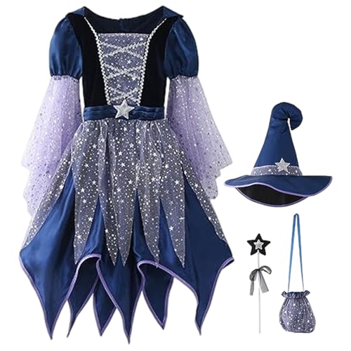 Pesoncarl Hexenkostüm für Mädchen, leuchtendes böses Hexenkleid mit Hut, Magie -Zauberstab und Süßwarenbeutel für Halloween -Party -Dekor, 120 cm, Kostüm Kleid Pesoncarl Hexenkostüm für Mädchen, leuchtendes böses Hexenkleid mit Hut, Magie -Zauberstab und Süßwarenbeutel für Halloween -Party -Dekor, 120 cm, Kostüm Kleid von Pesoncarl