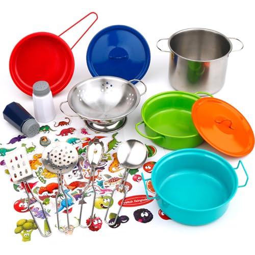 Pesoncarl Kids Kitchen Play Set, farbenfrohe Edelstahltöpfe und Pfannen Spielzeugküche mit Dinosaurier und Lebensmittelaufklebern, Mini Spiel Küchenzubehör für Junge Mädchen Kleinkinder von Pesoncarl