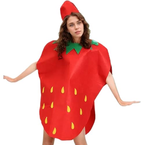 Pesoncarl Kostüm -Outfits, Obstkostüm kreatives Erdbeer Essen mit Kopfbedeckungen süße Cosplay -Kostüme Spaß Red Fruits Rahmen -Outfit für Erwachsene, Urlaub, Partykleid von Pesoncarl