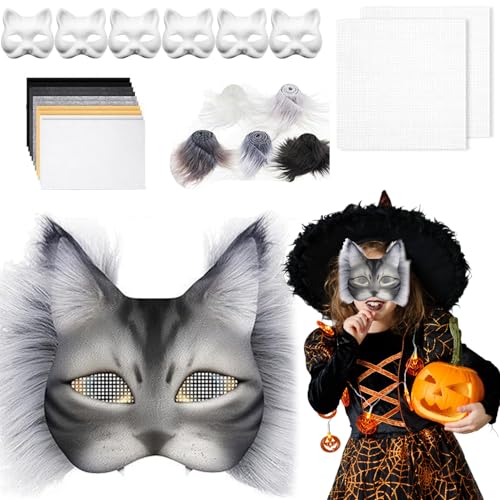 Pesoncarl Masken Making Kit, Katzenmask Kit mit Masken, Haaren und Mesh, DIY leere Therian Maske für Maskerade, Make up Karneval, Kunsthandwerk für Kinder 18pcs von Pesoncarl