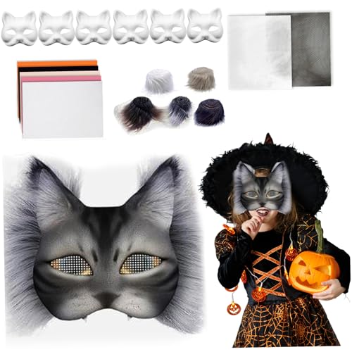 Pesoncarl Masken Making Kit, Katzenmasken Kit mit Masken, Haaren und Mesh, DIY leere Therian Maske für Maskerade, Make up Karneval, Kunsthandwerk für Kinder 23pcs von Pesoncarl