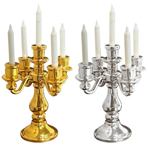 Pesoncarl Puppenhausminiaturen, 2 Stück 1/12 Skalierhalter Ständer mit Kerzen 5 Arms Candelabra Dollhouse Accessoires für DIY Szenenzubehör von Pesoncarl