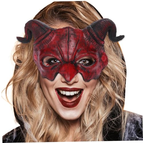 Pesoncarl Scary Halloween Maske, Devil Dämon Maske Halbgesicht Scary Halloween Red Horned Ghost Maske Ziege Schaf Horn Monster Maske für Cosplay Masquerade Kostümpartyzubehör von Pesoncarl