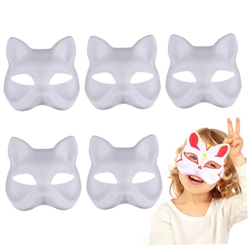 Pesoncarl Therian Maske, 5pcs Leere Katzenmasken zum Malen, DIY Halb Face Therian Cat Maske, tragbare Therian -Ausrüstung mit elastischer Band für Masquerade Cosplay Party 7.1x6.7. von Pesoncarl