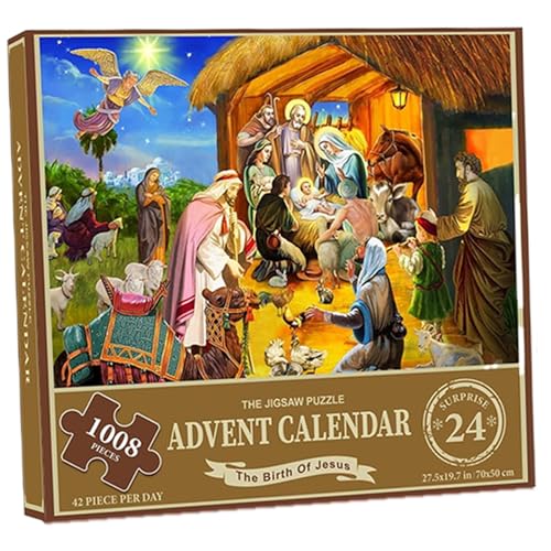 Pesoncarl Toy Advent Calender, Weihnachtsab Adventskalender 2024, 1008 Stücke Puzzle, 24 Tage die Geburt des Countdown -Kalenders Jesu Weihnachten, Adventskalender -Puzzle für Erwachsene Kinder von Pesoncarl