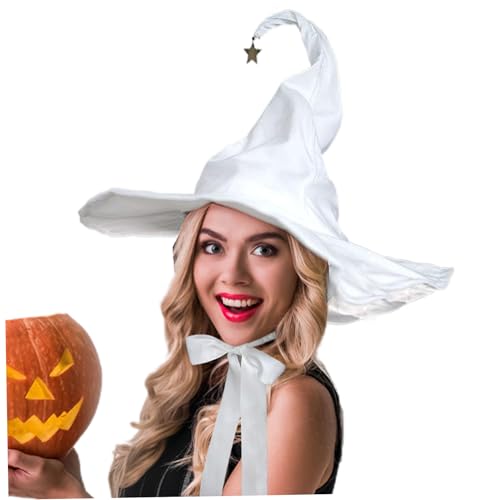 Pesoncarl Weißer Hexenhut mit weit breiter Flachmirne Witch Hut Erwachsener mit elastischen Kordelkordel und Sternanhänger Faltbare Halloween Accessoires für Party Cosplay Kleid von Pesoncarl