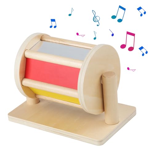 Schlagzeug Percussion, drehende Trommelbabys Spielzeug für 0-3-Jährige, sich sicher spinnende Regenbogen-Babyspielzeug Holzspinner Spielzeug Leichtes Spinntrommel mit klarem Spiegel 8.2x5.1x6.1 in von Pesoncarl