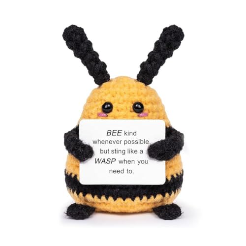 Pessrrtewg Lustige positive Biene, Mini-Häkelbiene mit positiven Affirmationskarten für inspirierende, gestrickte Umarmung mit Puppentasche, Emot-Biene von Pessrrtewg