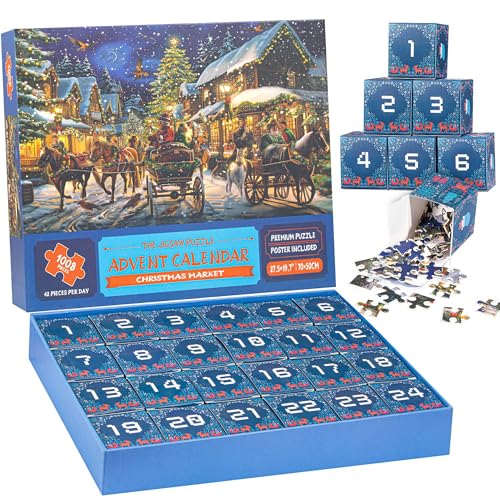 Adventskalender 2024 Puzzle, 24 Tage Weihnachts-Countdown-Kalender, 24 Boxen 1008 Teile Weihnachtsmarkt-Puzzles für die Familie von PetalBelle