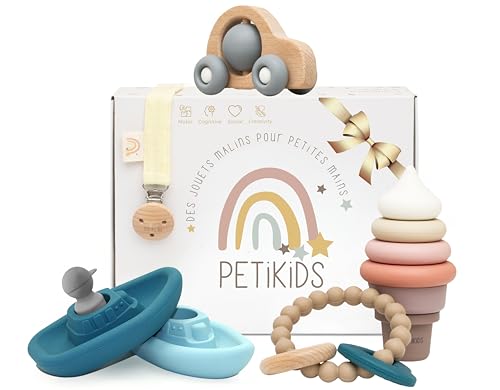 Spielzeug für Babys 3 – 36 Monate – Geschenkset zur Geburt – 5 Montessori Spielzeug für Babys Holz & Silikon: 1 Badespielzeug, 1 Stapelturm, 1 beissring, 1 Auto aus Holz + 1 Schnullerkette von Petikids