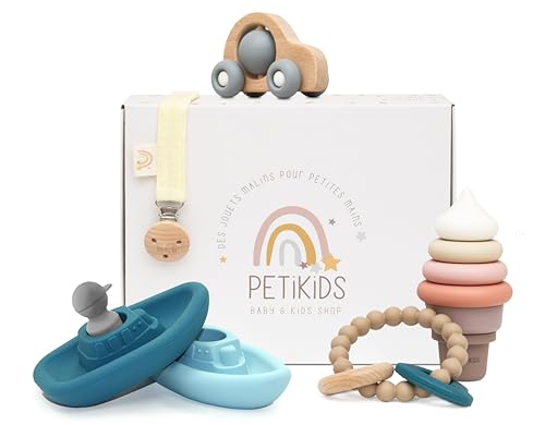 Spielzeug für Babys PETIKIDS 3 – 36 Monate – Geschenkset zur Geburt – 5 Montessori-Spiele aus Holz & Silikon: 1 Badespielzeug, 1 Stapelturm, 1 beissring, 1 Auto aus Holz + 1 Schnullerkette von Petikids