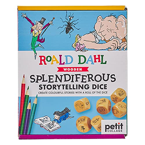 Petit Collage Roald Dahl Splendiferous Storytelling Dice - Holzernes Geschichtenerzähler-Set mit 9 Würfeln, Notizblock und Buntstiften - Fantasie-Geschichten für Kinder ab 6 Jahren von Petit Collage