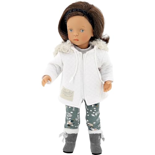 Petitcollin Puppe 34 cm – Annaelle – Kollektion Sylvia Natterer – Winteroutfit bestehend aus Einer Leggings aus bedrucktem Baumwoll-Jersey und einem hellgrauen Langarm-T-Shirt – Aufbewahrungsbox von Petitcollin