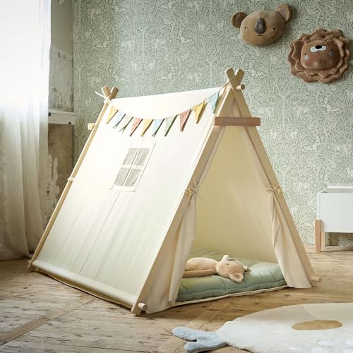 Petite Amélie ® Haus Zelt Für Kinder Mit Passender Bodenmatte | Tipi Zelt Inkl. Aufbewahrungstasche | Massive Holzen Zeltstangen | Baumwolltuch | Off White von Petite Amélie