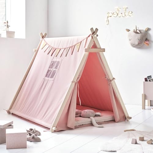 Petite Amélie ® Haus Zelt Für Kinder Mit Passender Bodenmatte | Tipi Zelt Inkl. Aufbewahrungstasche | Massive Holzen Zeltstangen | Baumwolltuch | Rosa von Petite Amélie