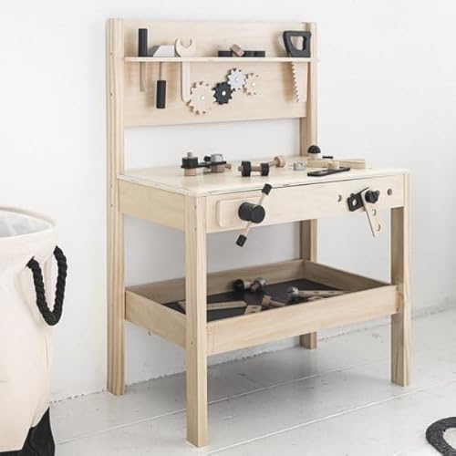 Petite Amélie ® Werkbank Kinder Holz Ink. 41 Teiligem Werkzeugsatz | Kinder Werkzeugbank | Robuste Konstruktion | Ideale Höhe Für Den Kleinen Handwerker | Natur & Schwarz von Petite Amélie