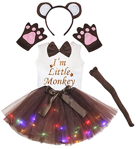 Petitebelle Affen-Stirnband-Handschuhe, LED-Tutu-Shirt, 6-teiliges Mädchen-Kostüm, 1–8 Jahre, Braun, 6–8 Jahre von Petitebelle