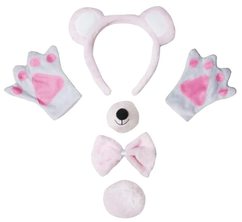 Petitebelle Bären-Kopfband, Fliege, Schwanz, Handschuhe, Nase, 5-teiliges Kostüm, 1–10 Jahre (Rosa/Weiß, 1–5 Jahre) von Petitebelle