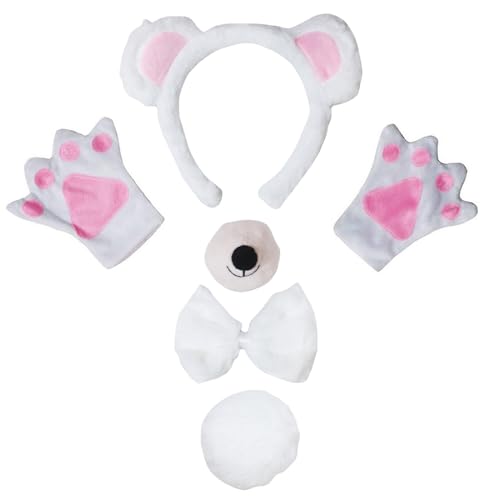 Petitebelle Bären-Kopfband, Fliege, Schwanz, Handschuhe, Nase, 5-teiliges Kostüm, 1–10 Jahre (Weiß/Rosa, 1–5 Jahre) von Petitebelle