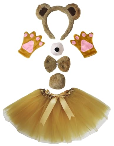 Petitebelle Bären-Stirnband-Handschuhe, Tutu-Nase, 6-teiliges Mädchen-Kostüm, 1–10 Jahre (Khaki/Schwarz, 5–10 Jahre) von Petitebelle