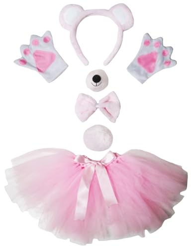 Petitebelle Bären-Stirnband-Handschuhe, Tutu-Nase, 6-teiliges Mädchen-Kostüm, 1–10 Jahre (Rosa/Weiß, 1–5 Jahre) von Petitebelle