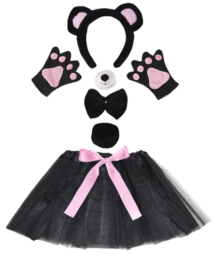 Petitebelle Bären-Stirnband-Handschuhe, Tutu-Nase, 6-teiliges Mädchen-Kostüm, 1–10 Jahre (Schwarz/Rosa, 1–5 Jahre) von Petitebelle