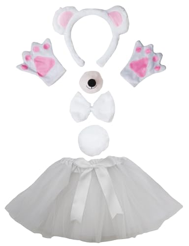 Petitebelle Bären-Stirnband-Handschuhe, Tutu-Nase, 6-teiliges Mädchen-Kostüm, 1–10 Jahre (Weiß/Rosa, 1–5 Jahre) von Petitebelle