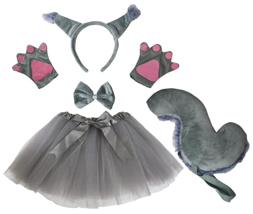 Petitebelle Eichhörnchen-Stirnband, Fliege, Schwanz, Handschuhe, Tutu, 5-teiliges Mädchen-Kostüm, 1–10 Jahre (grau, 5–10 Jahre) von Petitebelle