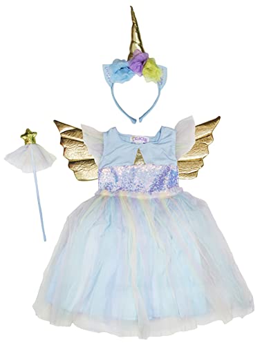 Petitebelle Einhorn-Kostüm, Kleid, Mädchen, 2–10 Jahre, Blau (kurze Ärmel), 4–6 Jahre) von Petitebelle