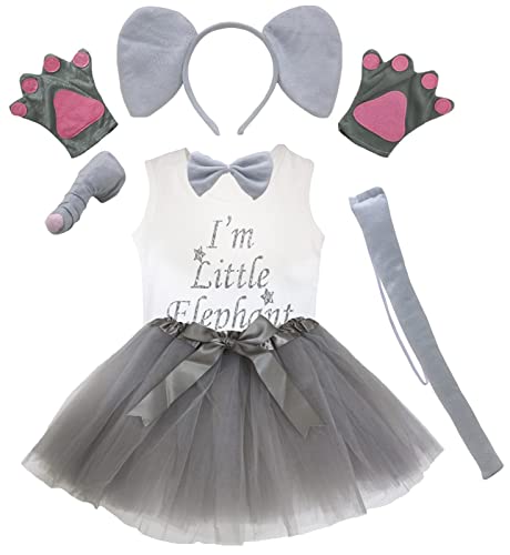 Petitebelle Elefanten-Stirnband, Handschuhe, Nase, Tutu, Shirt, 7-teiliges Mädchen-Kostüm, 1–8 Jahre (grau, 3–4 Jahre) von Petitebelle