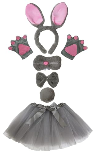 Petitebelle Hasenohr-Stirnband, Handschuhe, Tutu-Nase, 6-teiliges Mädchen-Kostüm, 1–10 Jahre (Grau/Rosa, 1, 5–10 Jahre) von Petitebelle