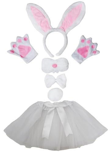 Petitebelle Hasenohr-Stirnband, Handschuhe, Tutu-Nase, 6-teiliges Mädchen-Kostüm, 1–10 Jahre (Weiß/Rosa, 1–5 Jahre) von Petitebelle