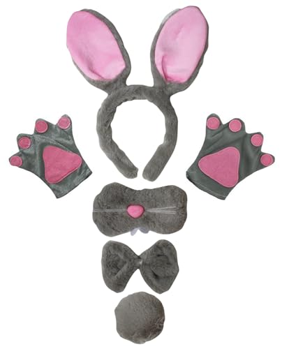 Petitebelle Hasenohren-Stirnband, Fliege, Schwanz, Handschuhe, Nase, 5-teiliges Kostüm, 1–10 Jahre (Grau/Rosa, 1, 5–10 Jahre) von Petitebelle