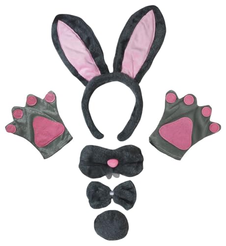 Petitebelle Hasenohren-Stirnband, Fliege, Schwanz, Handschuhe, Nase, 5-teiliges Kostüm, 1–10 Jahre (Grau/Rosa, 2, 1–5 Jahre) von Petitebelle