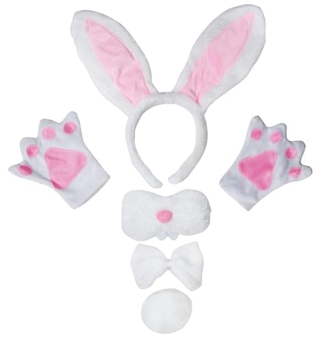 Petitebelle Hasenohren-Stirnband, Fliege, Schwanz, Handschuhe, Nase, 5-teiliges Kostüm, 1–10 Jahre (Weiß/Rosa, 1–5 Jahre) von Petitebelle