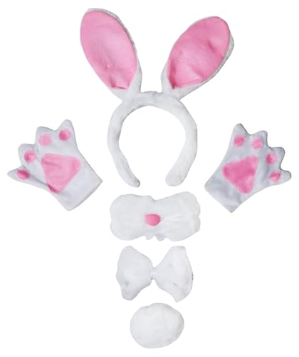 Petitebelle Hasenohren-Stirnband, Fliege, Schwanz, Handschuhe, Nase, 5-teiliges Kostüm, 1–10 Jahre (Weiß/Rosa, 2, 5–10 Jahre) von Petitebelle